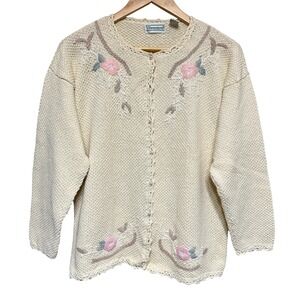 Vintage Shenanigans Floral Embroidered Cardigan Sweater L‎ Knit Grandma Cottage